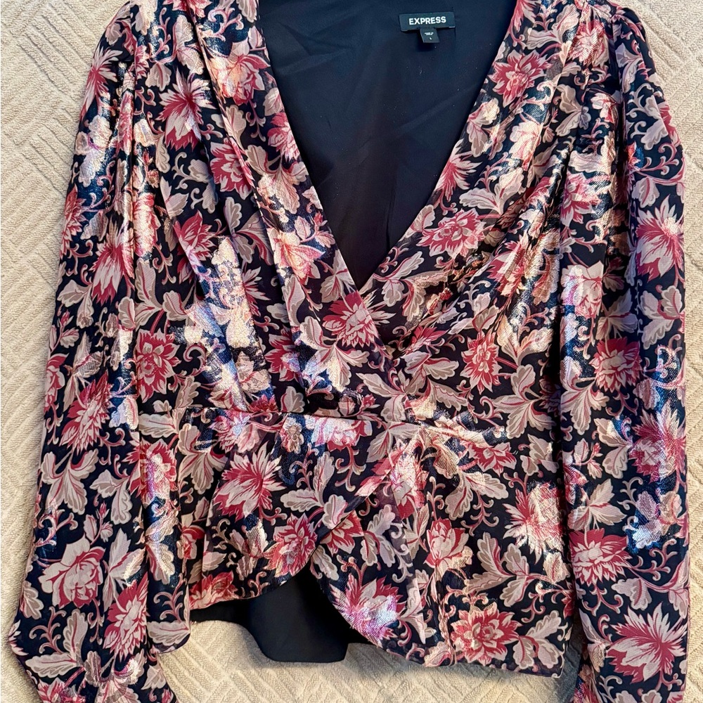 Metallic Black, Pink, Red, Peplum Blouse with Puff Sleeves